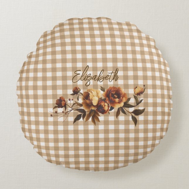 Rustic Gingham Autumn Floral Personalized  Round Pillow (Front)