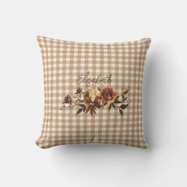 Rustic Gingham Autumn Floral Personalized  Throw Pillow (Front)