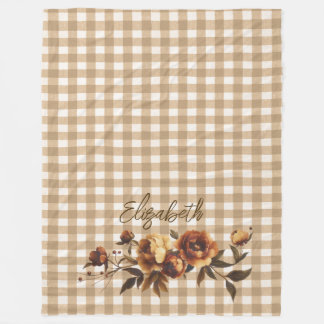Rustic Gingham Autumn Roses Personalized  Fleece Blanket