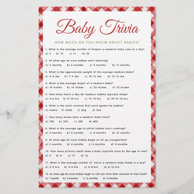 Rustic Gingham Baby Shower Trivia Game (Front)
