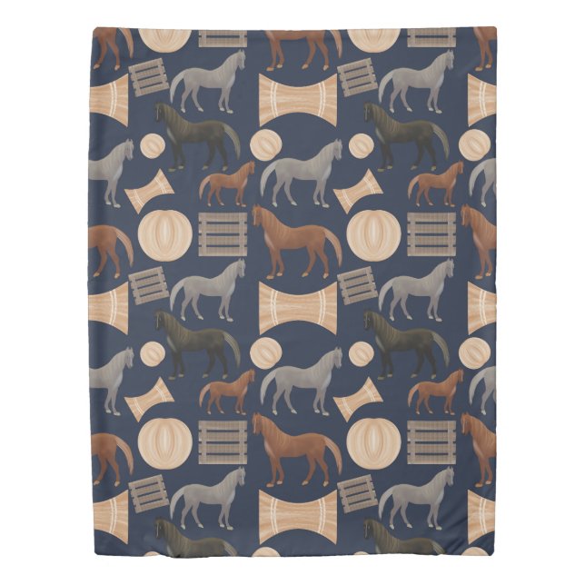 Rustic Gingham Blue Horse  Duvet Cover (Front)
