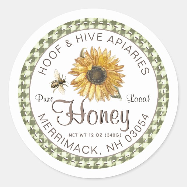 Rustic Gingham Border Sunflower Bee Honey Label (Front)