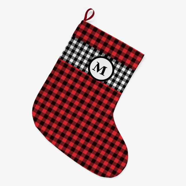 Rustic gingham buffalo check  black & red monogram large christmas stocking (Front (Hanging))