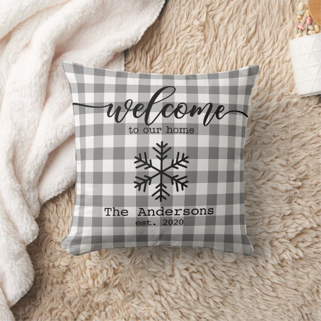 Rustic Gingham Check Personalized Name Throw Pillow (Blanket)