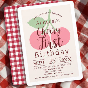 Rustic Gingham Cherry First 1st Birthday Invitation