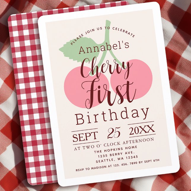 Rustic Gingham Cherry First 1st Birthday  Invitation (Creator Uploaded)