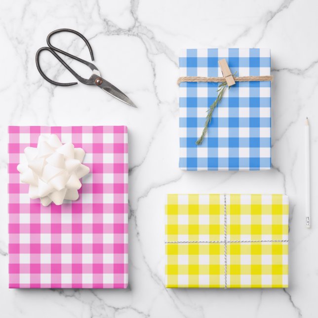 Rustic Gingham Pink Blue Yellow Pattern Wrapping Paper Sheets (Front)