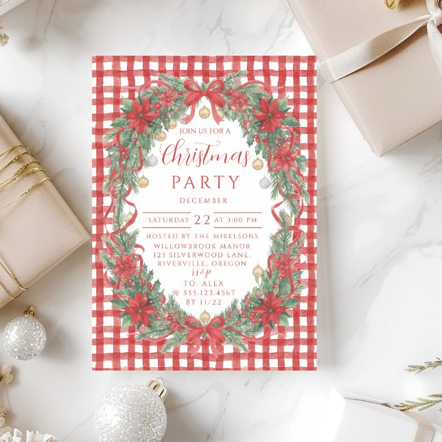 Rustic Gingham Poinsettia Christmas Invitation (Creator Uploaded)