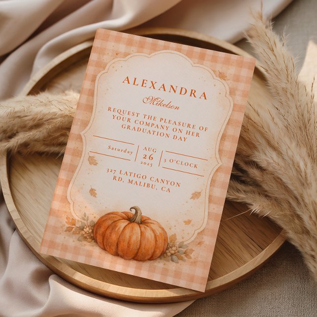 Rustic Gingham Pumpkin Fall Graduation Invitation (Creator Uploaded)