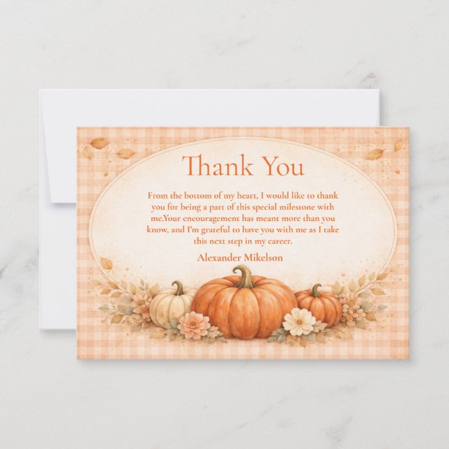 Rustic Gingham Pumpkin Fall Graduation Thank You Card (Front)