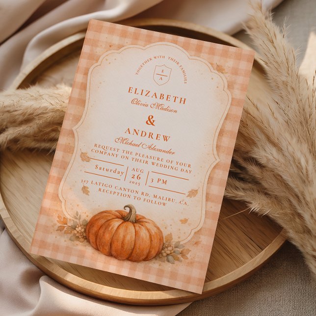 Rustic Gingham Pumpkin Fall Wedding Invitation (Creator Uploaded)