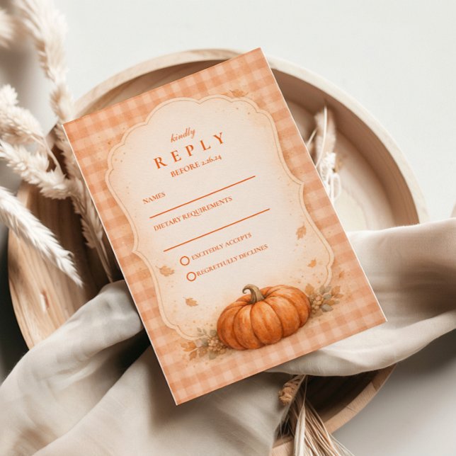 Rustic Gingham Pumpkin Fall Wedding RSVP Card (Creator Uploaded)