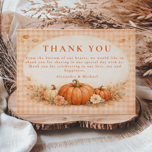 Rustic Gingham Pumpkin Fall Wedding Thank You Card (Creator Uploaded)