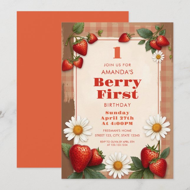 Rustic Gingham Strawberries Daisie 1st Birthday Invitation (Front/Back)