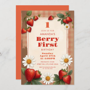 Rustic Gingham Strawberries Daisie 1st Birthday Invitation