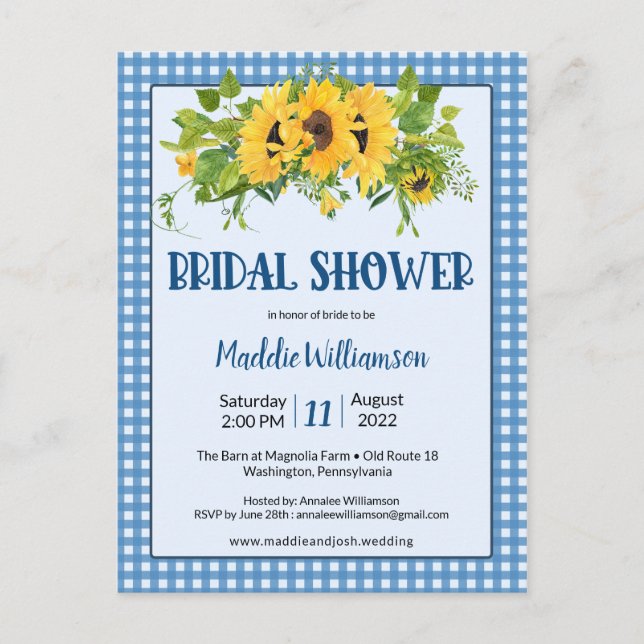 Rustic Gingham Sunflowers Bridal Shower Invitation Postcard (Front)