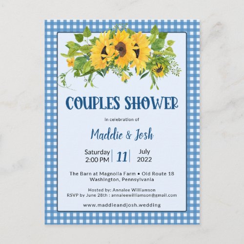 Rustic Gingham Sunflowers Couple Shower Invitation Postcard