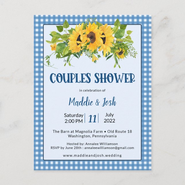Rustic Gingham Sunflowers Couple Shower Invitation Postcard (Front)