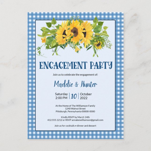 Rustic Gingham & Sunflowers Engagement Party Invitation Postcard (Front)