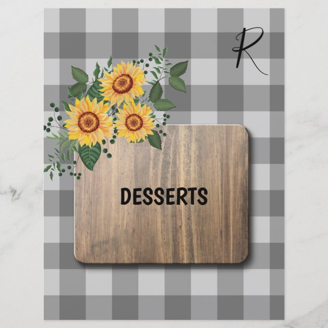 Rustic gingham sunflowers recipe organizer divider (Front)