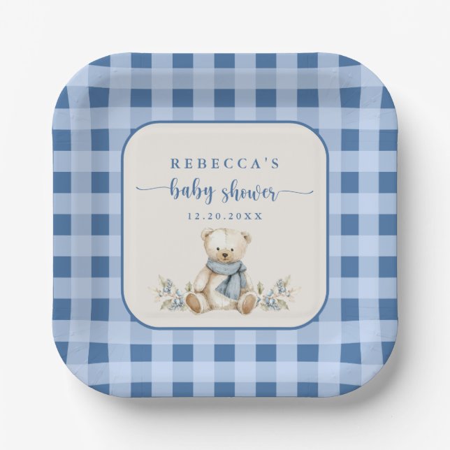Rustic Gingham Teddy Bear Elegant Baby Shower  Paper Plates (Front)