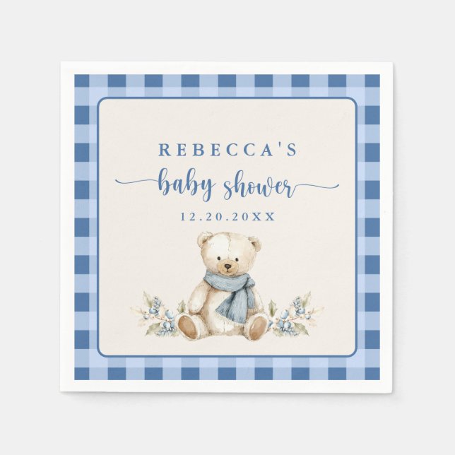 Rustic Gingham Teddy Bear Winter Baby Shower Napkins (Front)