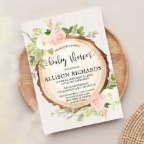 Rustic girl baby shower, blush pink cream floral invitation