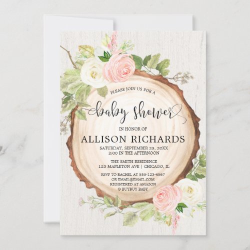 Rustic girl baby shower blush pink cream floral invitation