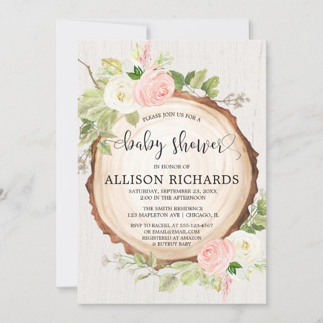 Rustic girl baby shower, blush pink cream floral invitation (Front)