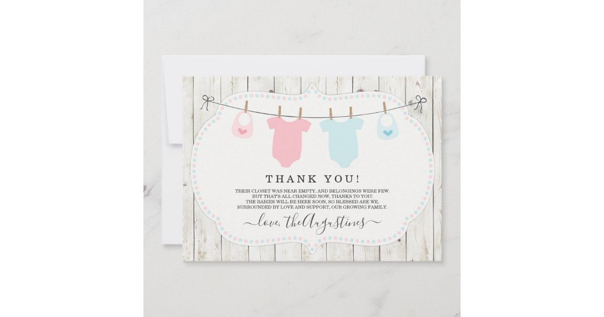 Rustic Girl Boy Twins Baby Shower Thank You Card Zazzle Com