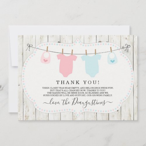 Rustic Girl  Boy Twins Baby Shower Thank You Card
