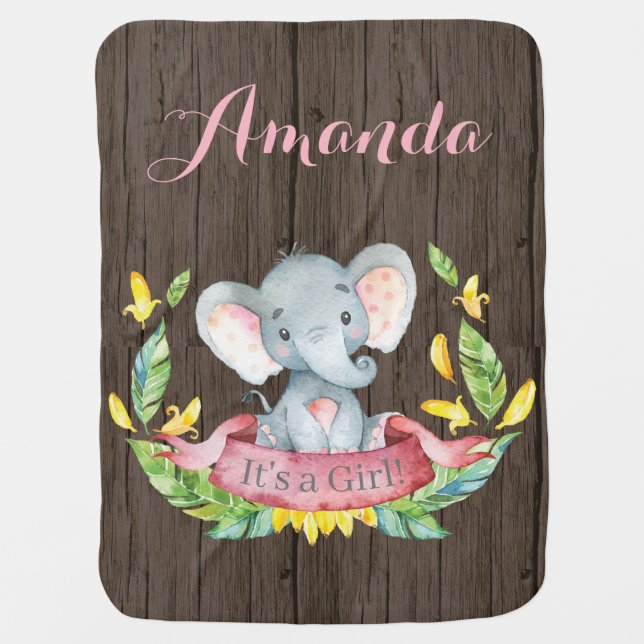 Rustic Girl Elephant Baby Pink Baby Blanket (Front)