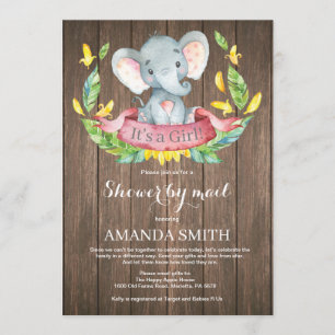 Rustic Girl Elephant Baby Shower by Mail Invitation