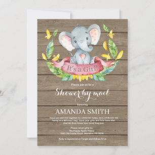 Rustic Girl Elephant Baby Shower by Mail Invitation