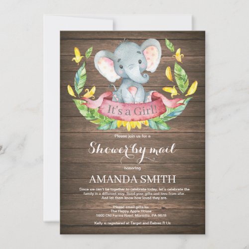 Rustic Girl Elephant Baby Shower by Mail Invitation