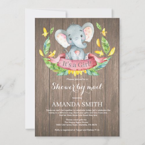 Rustic Girl Elephant Baby Shower by Mail Invitation