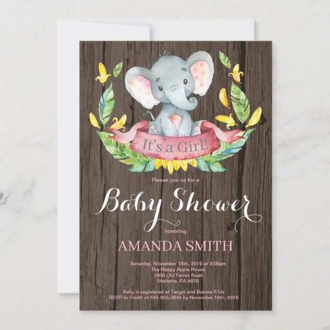 Rustic Girl Elephant Baby Shower Invitation (Front)