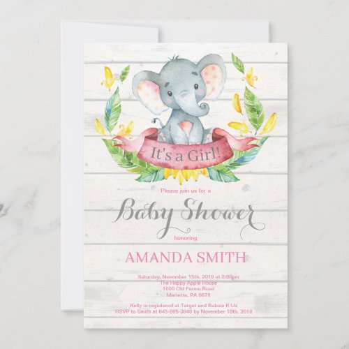 Rustic Girl Elephant Baby Shower Invitation Pink