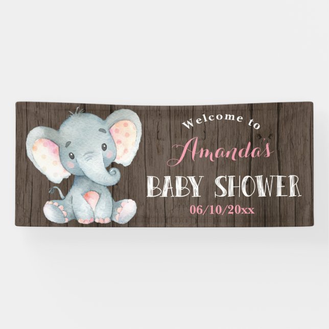 Rustic Girl Elephant Baby Shower Pink and Gray Banner (Horizontal)