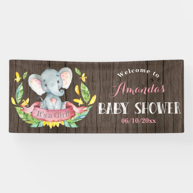 Rustic Girl Elephant Baby Shower Pink and Gray Banner (Horizontal)