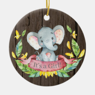 Rustic Girl Elephant Baby Shower Pink Ceramic Ornament