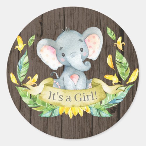 Rustic Girl Elephant Baby Shower Yellow Classic Round Sticker