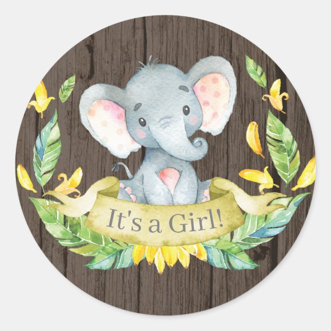 Rustic Girl Elephant Baby Shower Yellow Classic Round Sticker (Front)