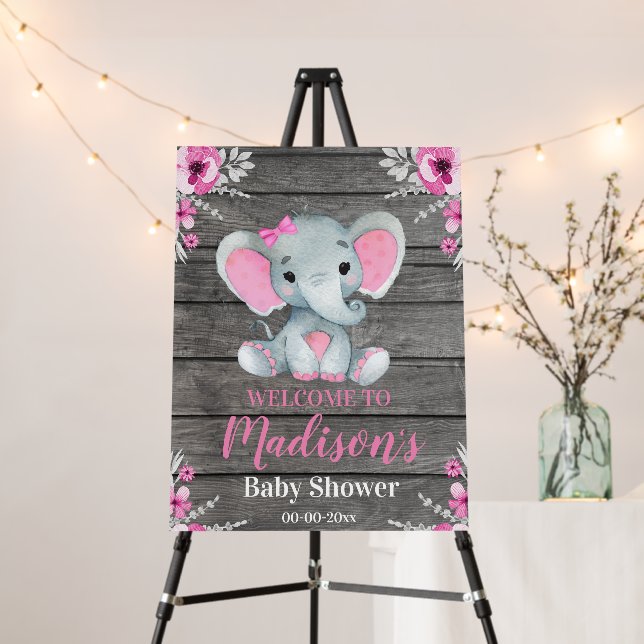 Rustic Girl Elephant Wooden Pink Gray Floral Sign (In Situ (Stand))
