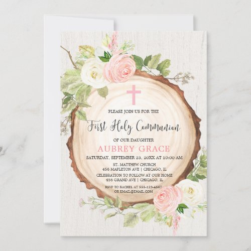 Rustic girl first communion woodland blush pink invitation