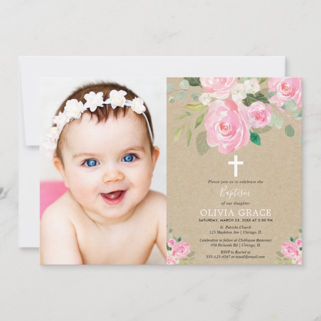 Rustic Girl floral baptism blush pink photo Invitation (Front)
