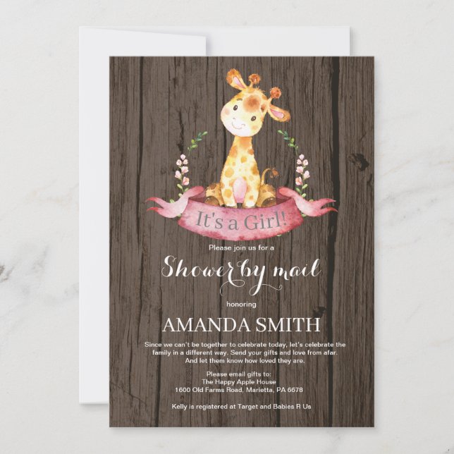 Rustic Girl Giraffe Baby Shower by Mail Invitation (Front)