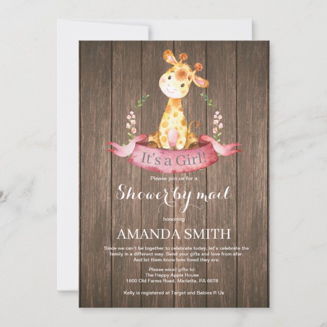 Rustic Girl Giraffe Baby Shower by Mail Invitation (Front)