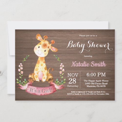 Rustic Girl Giraffe Baby Shower Invitation