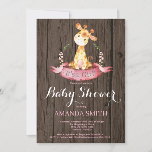 Rustic Girl Giraffe Baby Shower Invitation